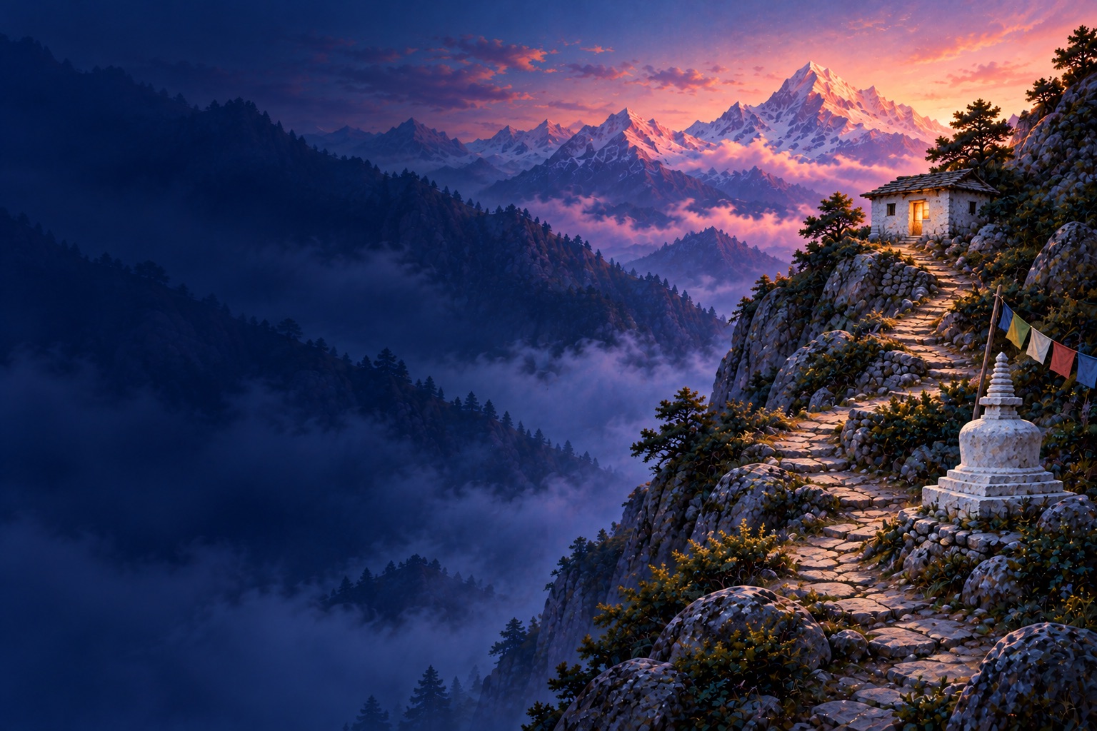 A narrow stone path winding up a mountainside at first light toward a small hermitage.