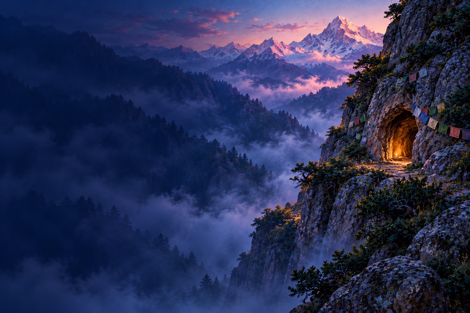A small meditation cave high on a misty mountainside at dawn, a faint butter-lamp glow at its mouth.