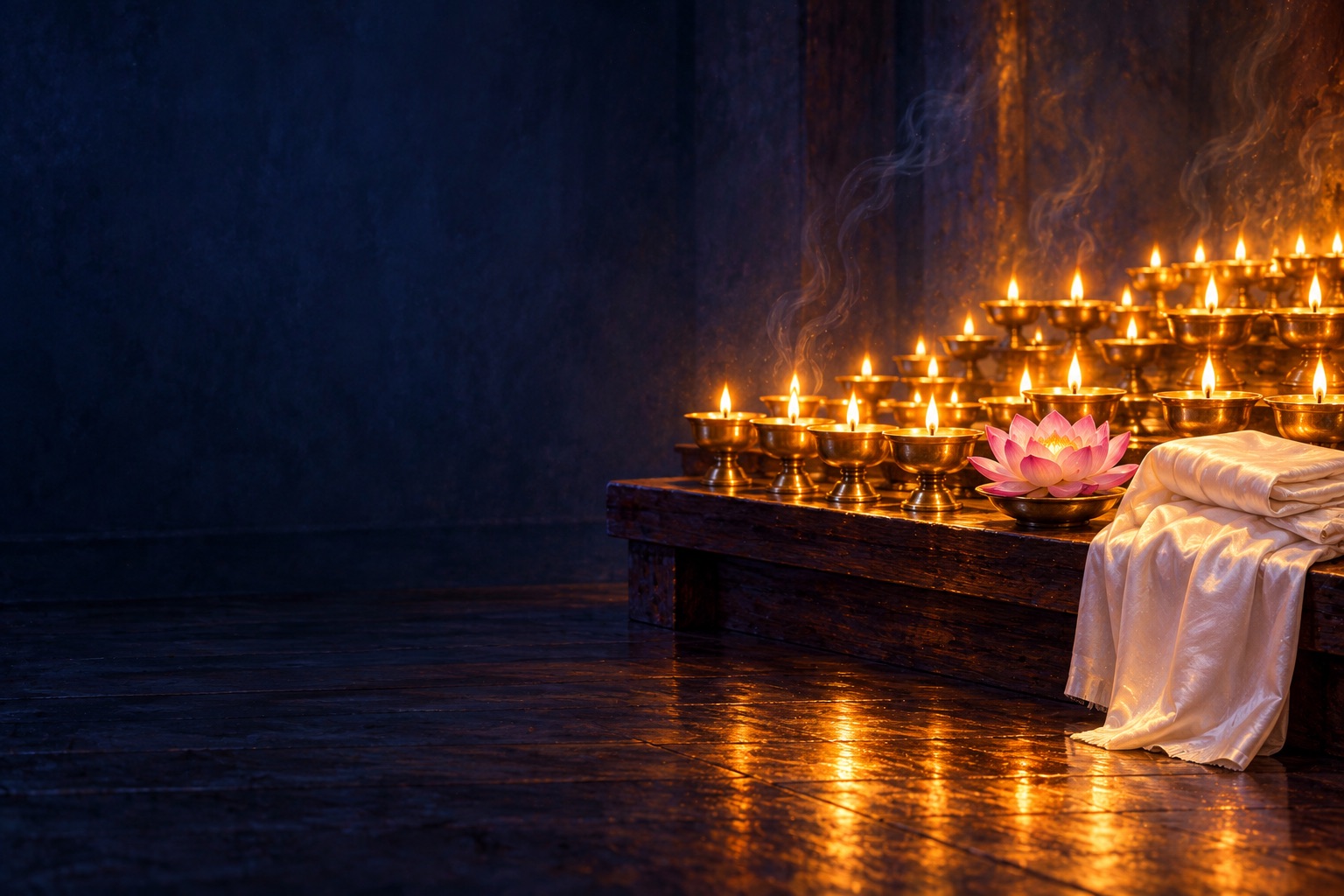 Rows of brass butter lamps glowing on a low wooden altar at night beside a white offering scarf and a pink lotus.