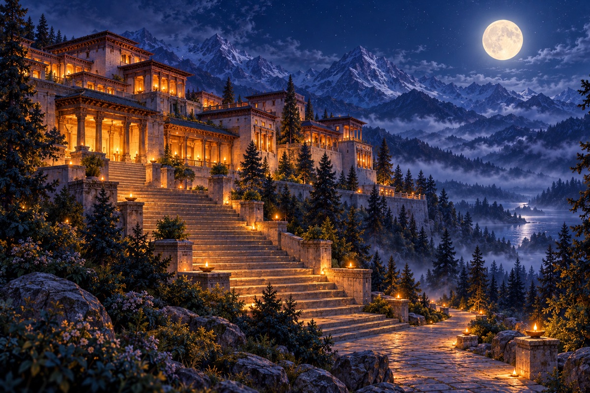 A royal palace glowing with lamplight beneath a full moon and dark mountains.