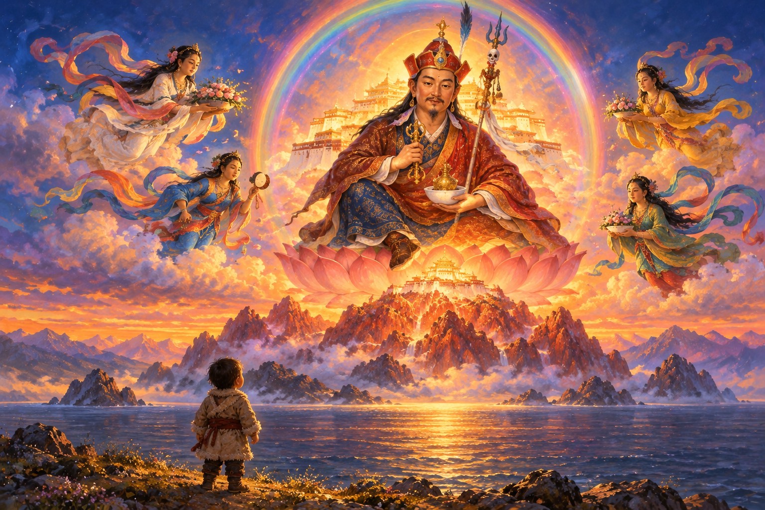 Guru Rinpoche, in his lotus hat and robes, sits within a rainbow sphere on the summit of a copper-red mountain rising from a twilight sea, dakinis in flowing silks around him. Far below, a tiny child in a sheepskin coat looks up.
