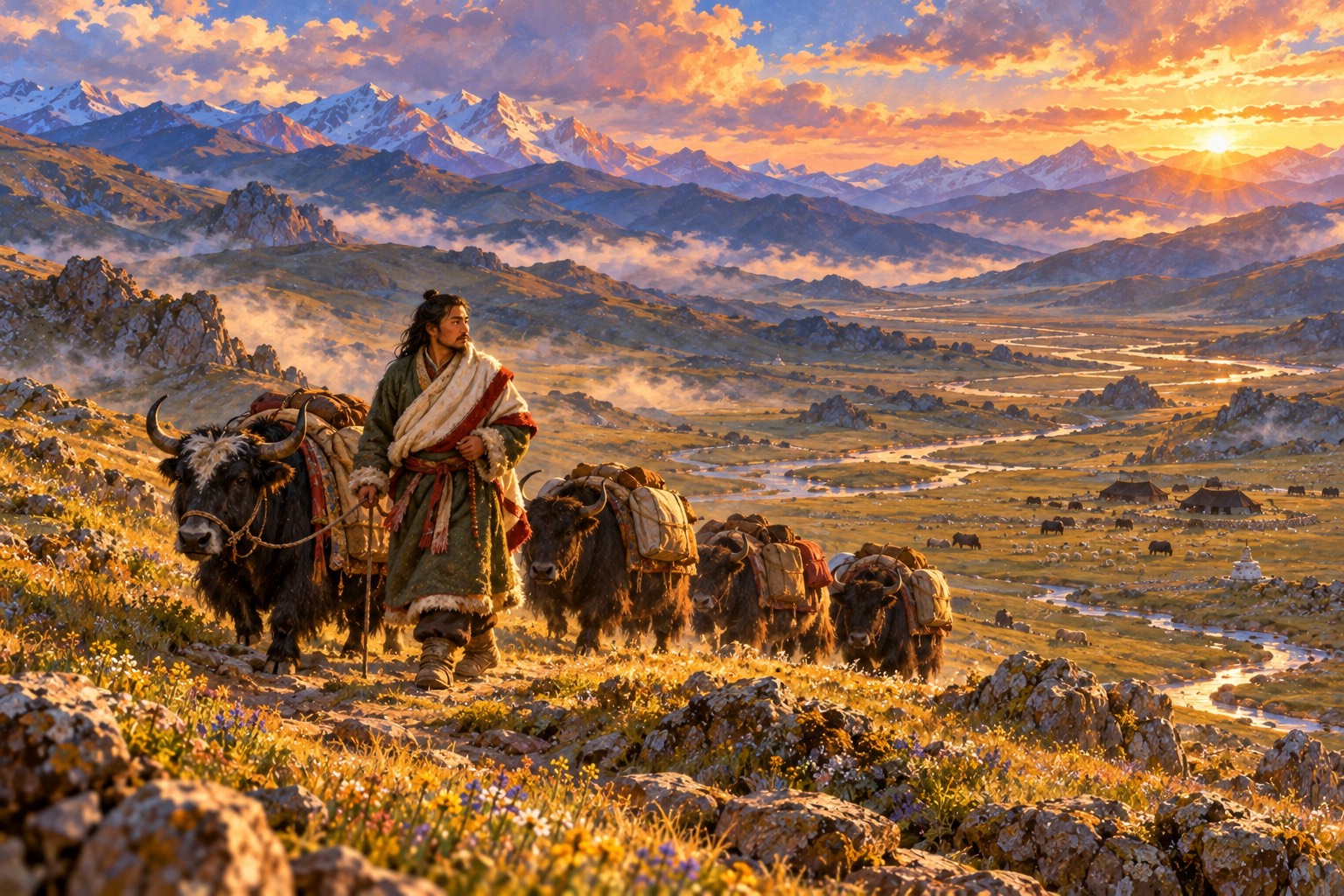 From high above, a small caravan of laden yaks crosses a grassy pass in golden afternoon light. A young man in a sheepskin coat walks beside the lead yak toward a broad valley with a stream and black tents.