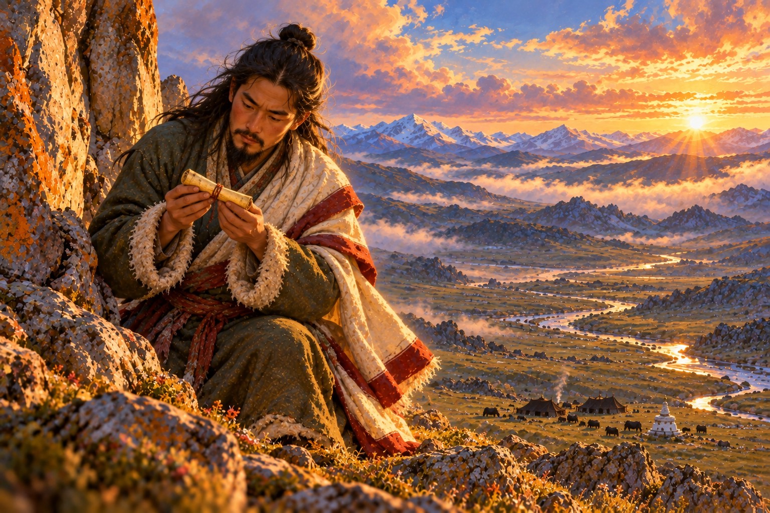 Seen from below, a young man with long hair in a topknot kneels at a weathered grey cliff in golden evening light, holding a tiny dark stone casket to his chest. A wide valley lies far below.