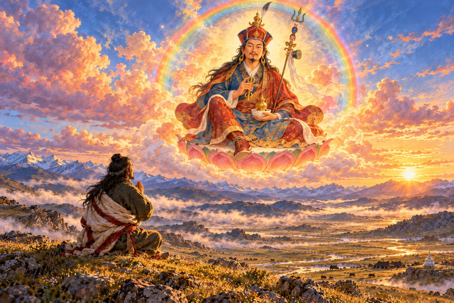 Guru Rinpoche, wearing the lotus hat and holding a vajra and skull cup, sits on a lotus inside a rainbow sphere in a dawn sky above green hills. Below, a long-haired man sits on a rise with palms joined, looking up.