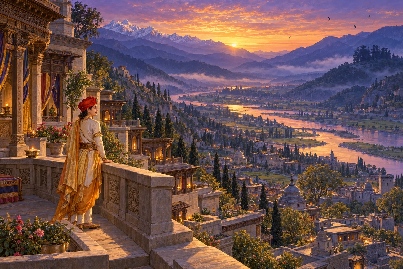 A young prince in a red turban stands alone on a palace roof terrace at dusk, looking out over a green river valley toward a dark grove of trees on distant hills.
