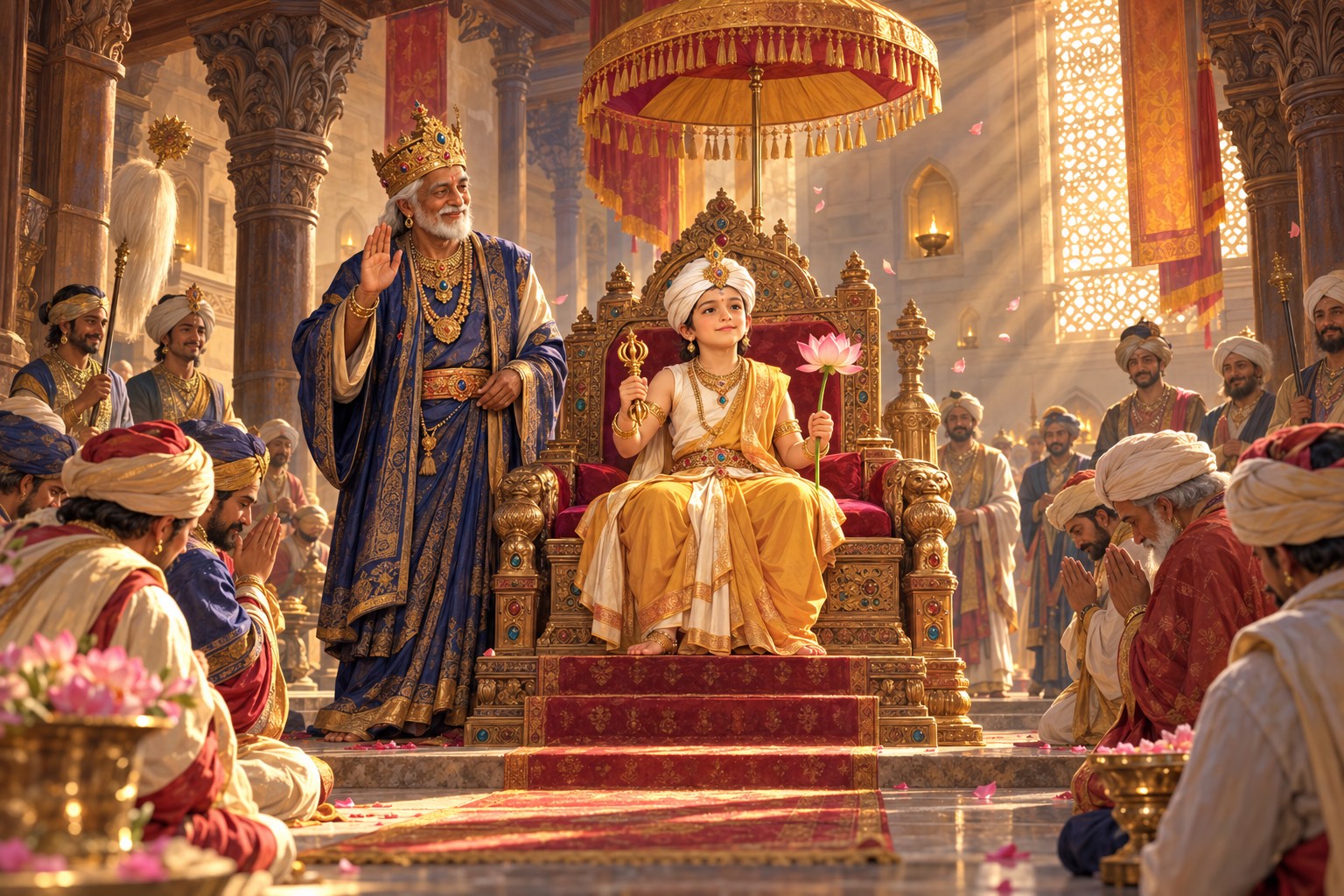 In a sunlit palace hall with carved wooden pillars, a boy of about eight sits on a jewelled throne under a silk parasol, holding a small vajra and a lotus, while an old bearded king stands beside him and courtiers bow.