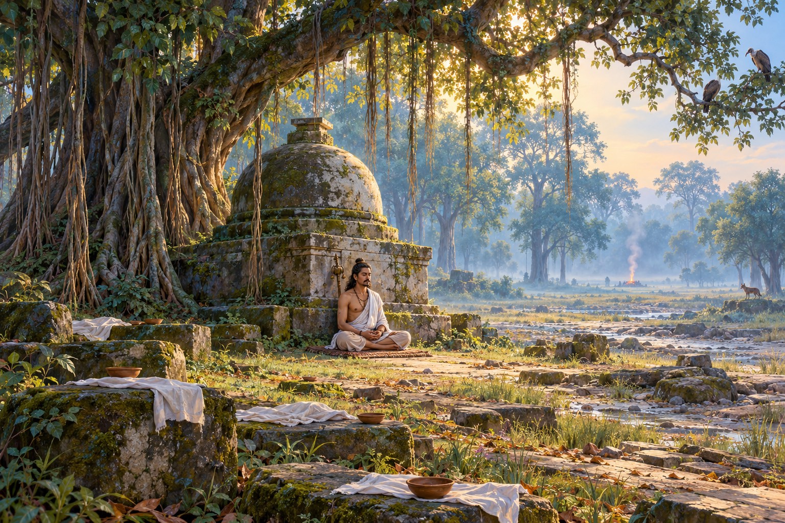 A misty cremation ground beneath enormous ancient trees, with a moss-covered stone stupa; a small figure meditates with his back to it while vultures rest on high branches and a thin line of smoke rises in the distance.