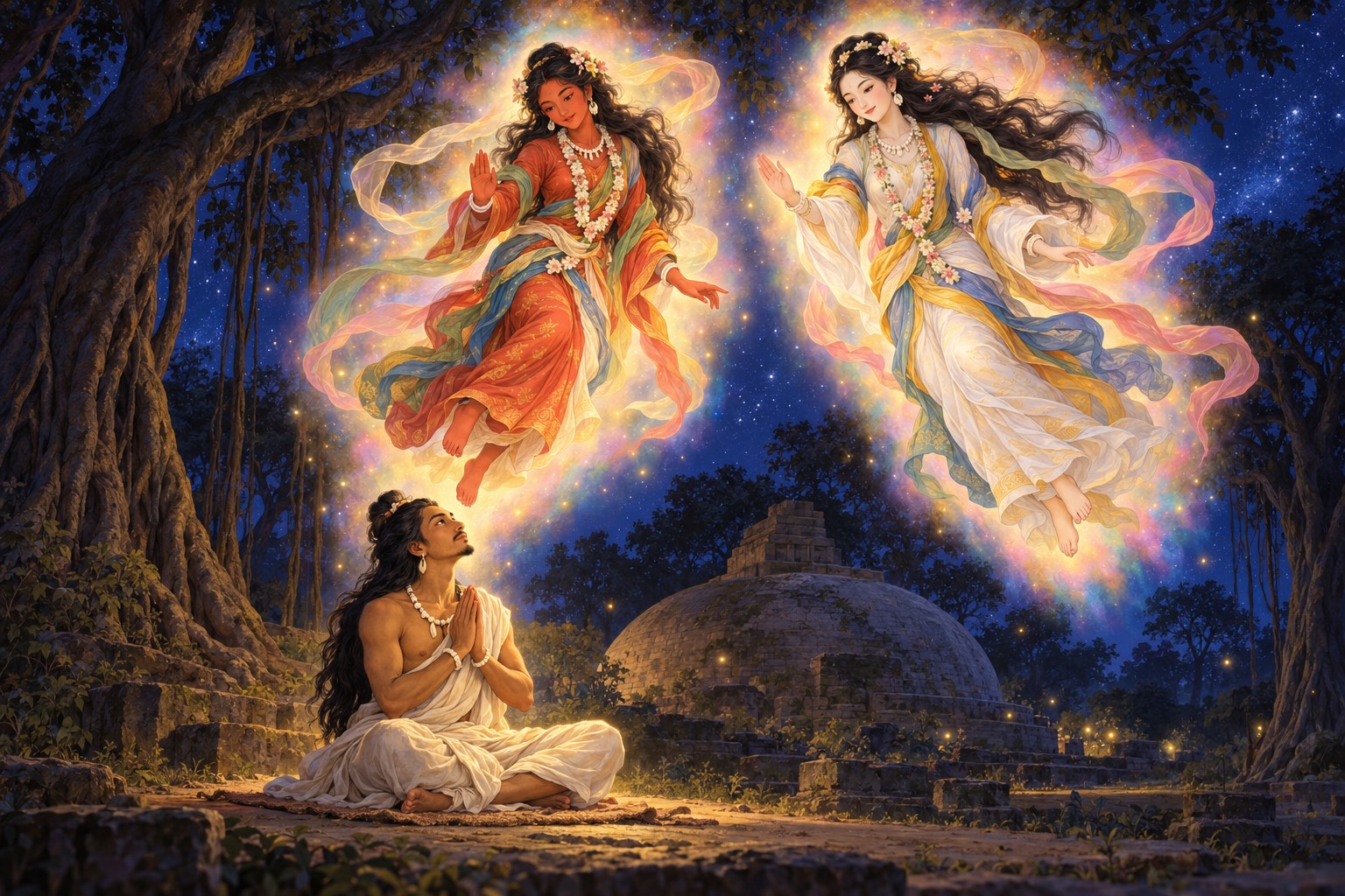 At night beneath huge dark trees, two luminous women with floating silk scarves appear in the air within soft rainbow light above a yogi who sits with joined palms, looking up.