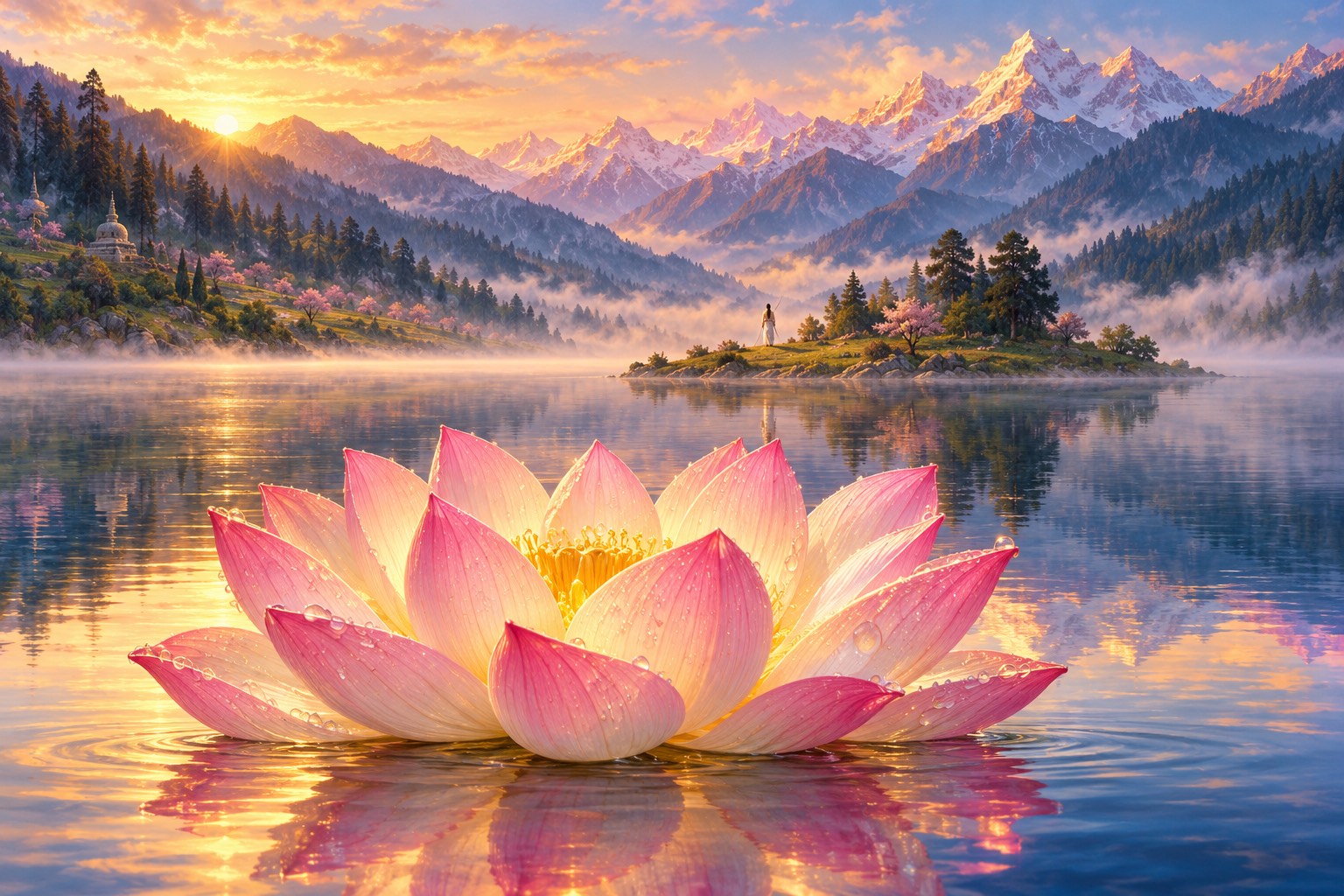 A single open pink lotus floats in the foreground of a still lake at sunrise; far behind it, a small island where a tiny white-clad figure stands, with snow mountains beyond.