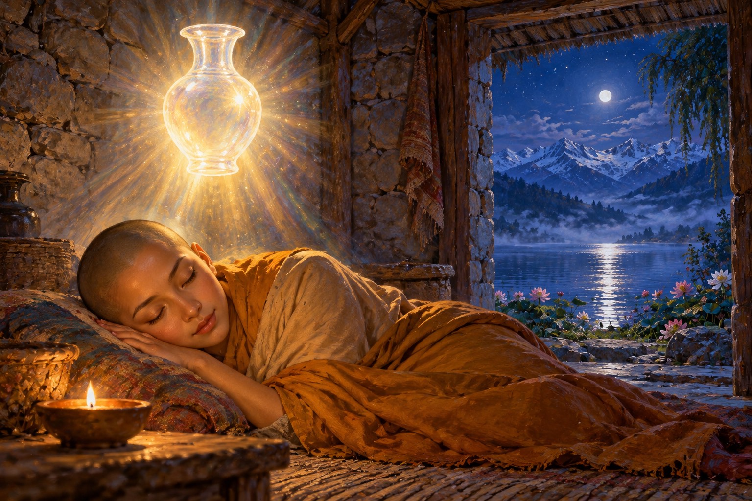 In a dark stone hut, a young nun sleeps on a reed mat while a small glowing crystal vase hovers above her head, moonlit water visible through the doorway.