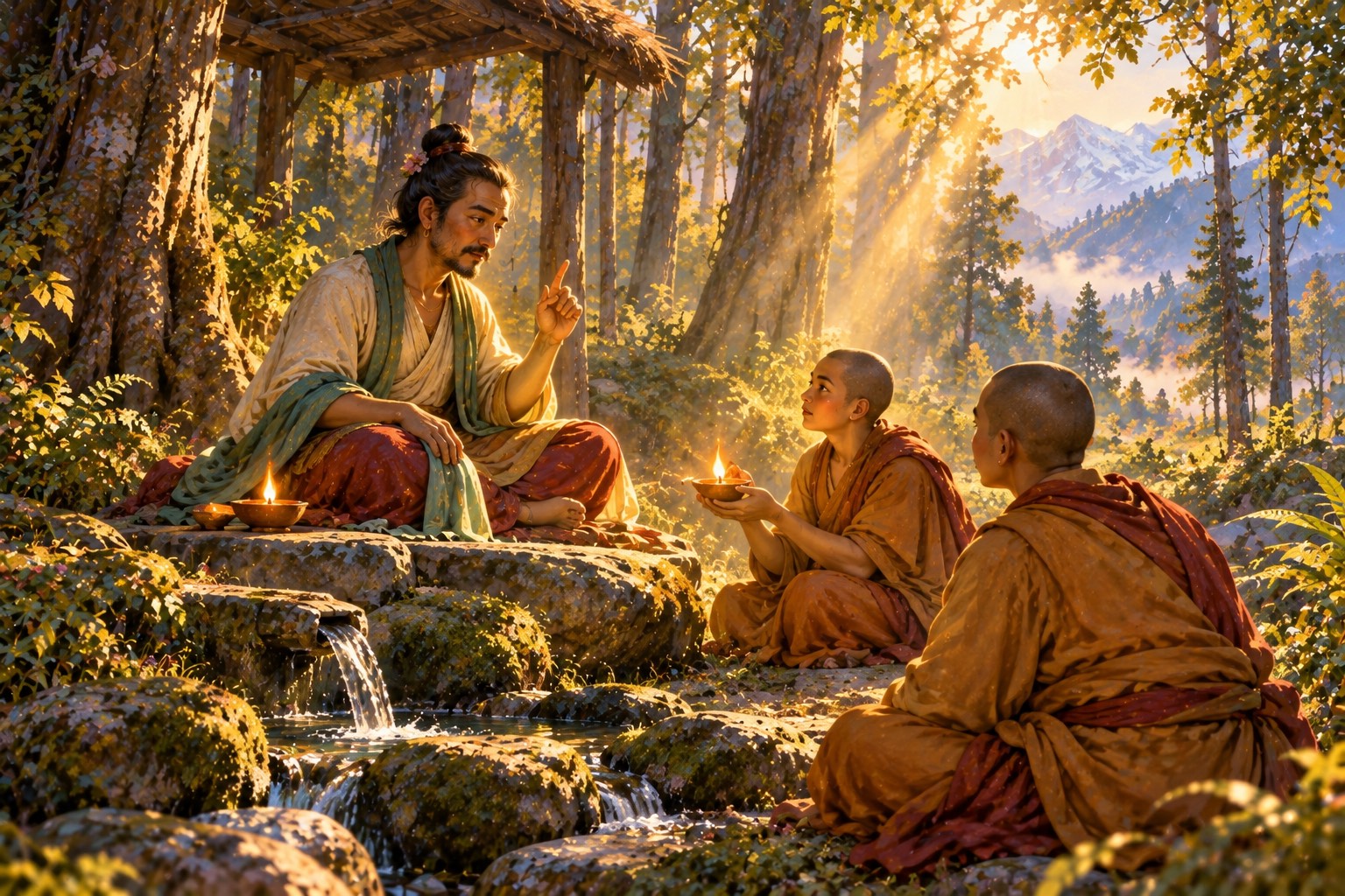 In a sunlit grove, an Indian adept with a topknot and green scarf teaches two young monk-scholars, one of whom holds a small lamp just lit from his.