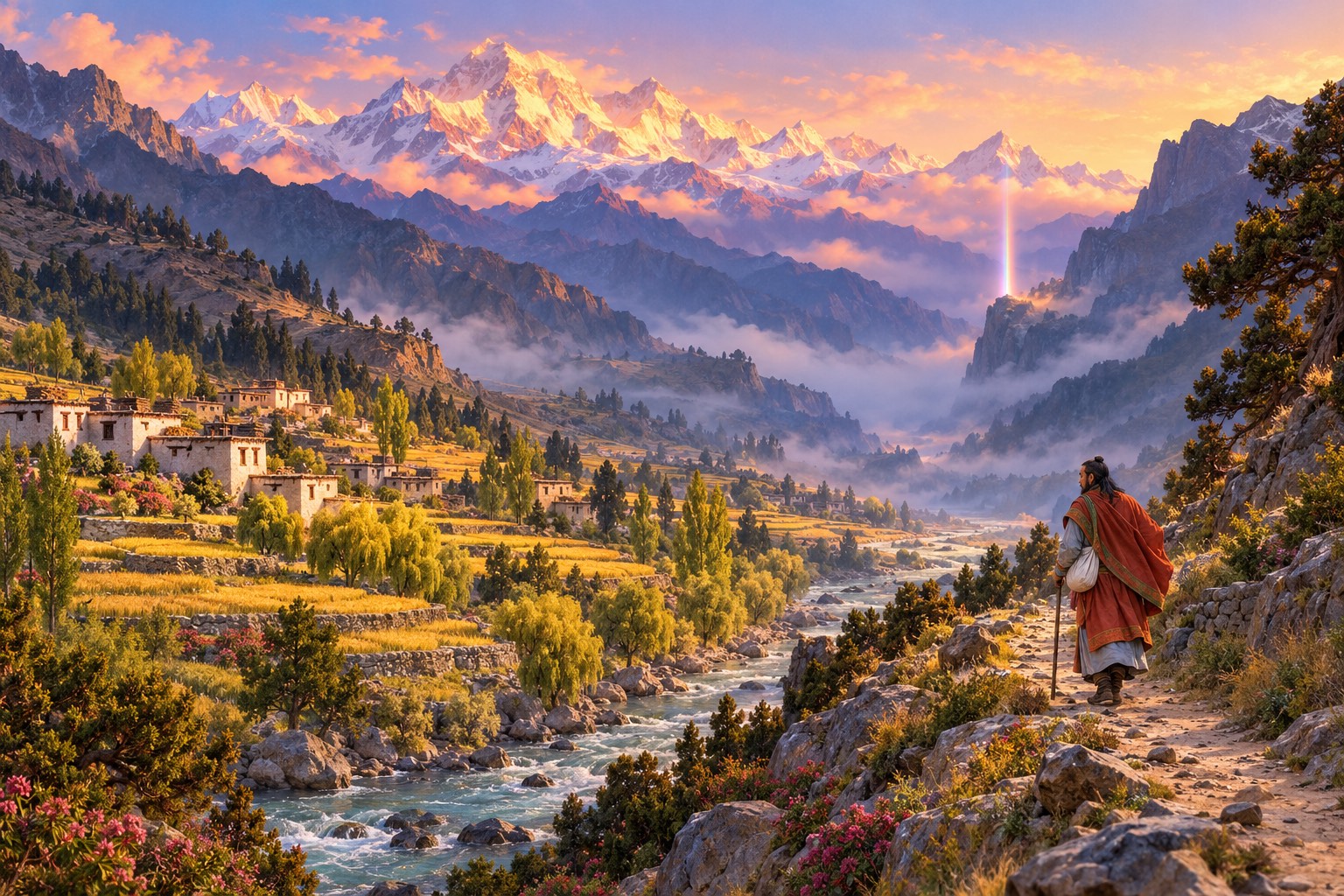 A deep green valley at dawn with a winding river, terraced fields and a small village of white stone houses, snow peaks glowing pink beyond. A small figure in a red-orange shawl walks uphill on a footpath, and a faint beam of rainbow light rises from a distant cliff.