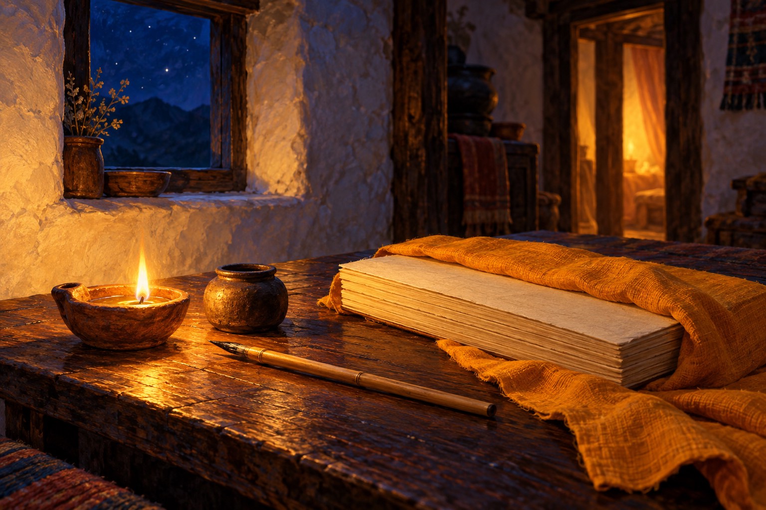 A low wooden table at night with a bamboo pen laid beside a clay ink pot, a stack of face-down manuscript pages wrapped in saffron cloth, and a small oil lamp glowing. A starry indigo sky shows through a small window.
