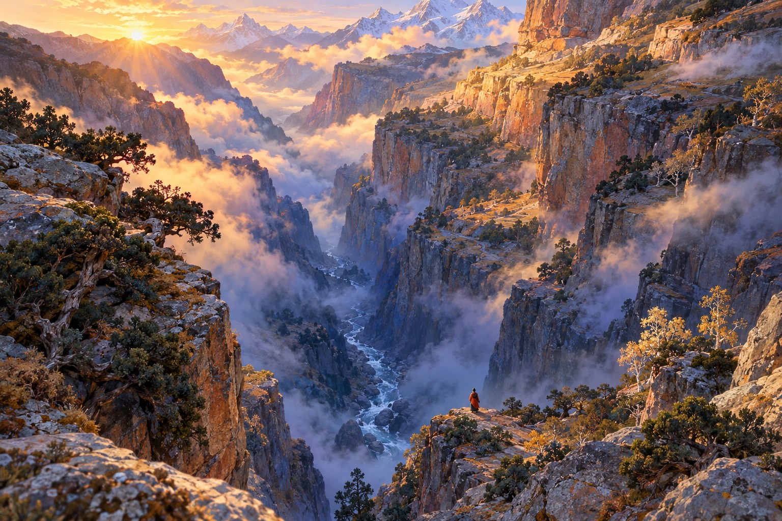 A view from high above into a narrow gorge of stepped grey and rust-colored cliffs, mist drifting through and morning sun striking the upper rocks. A tiny figure in a red-orange shawl stands on a ledge far below, looking up.
