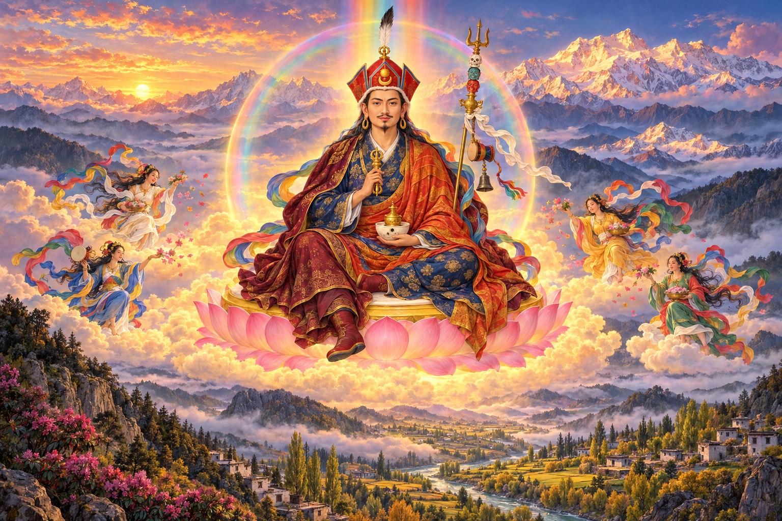 Guru Rinpoche in his lotus hat sits on a lotus throne on golden clouds within a sphere of rainbow light, holding a vajra at his heart and a skull cup in his lap, with a slender staff against his left shoulder. Small dancing dakinis in colored silks surround him above glowing snow peaks.