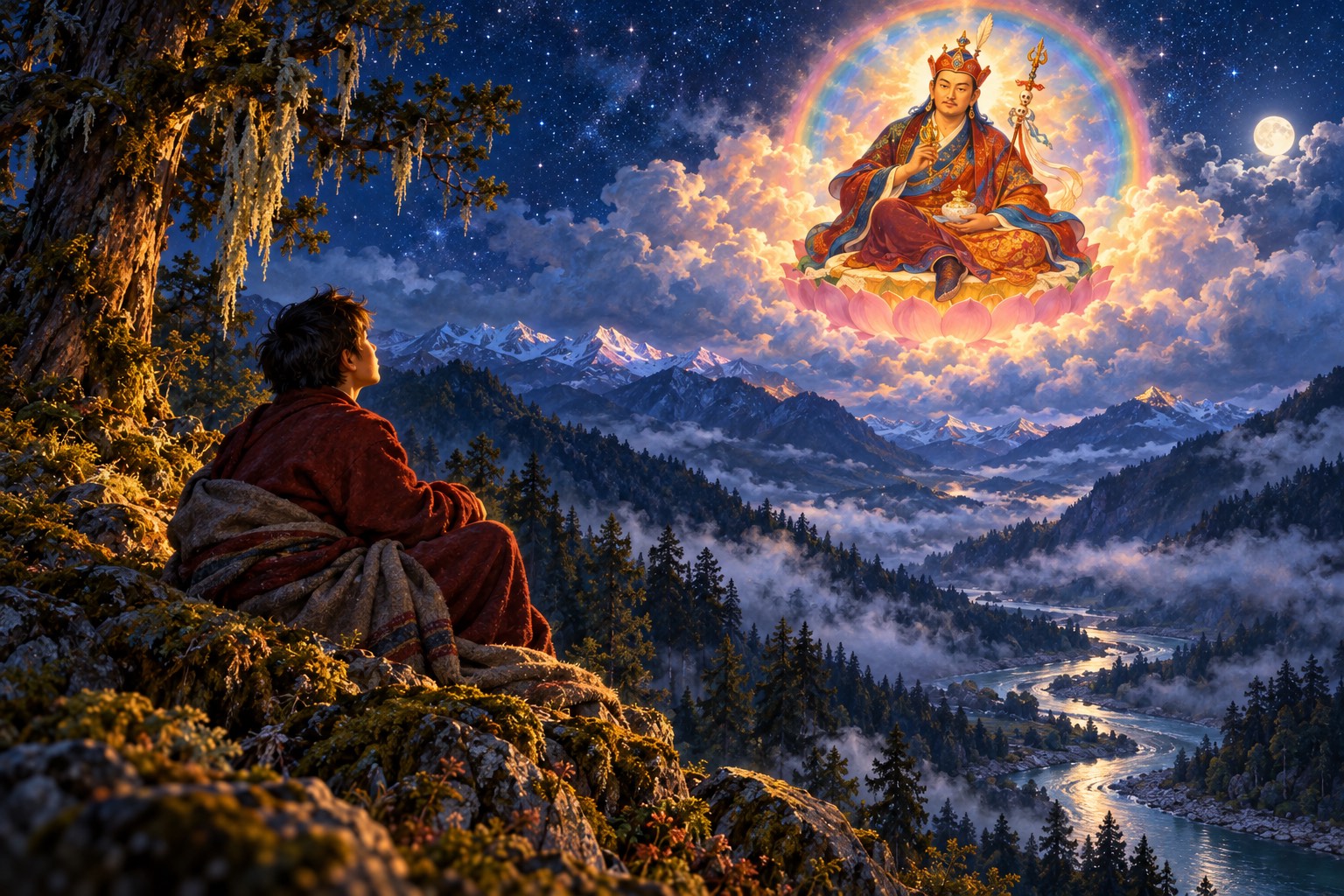 A young man wrapped in a blanket sits on a rock at night, gazing up at a small, glowing vision of Guru Rinpoche among moonlit clouds.
