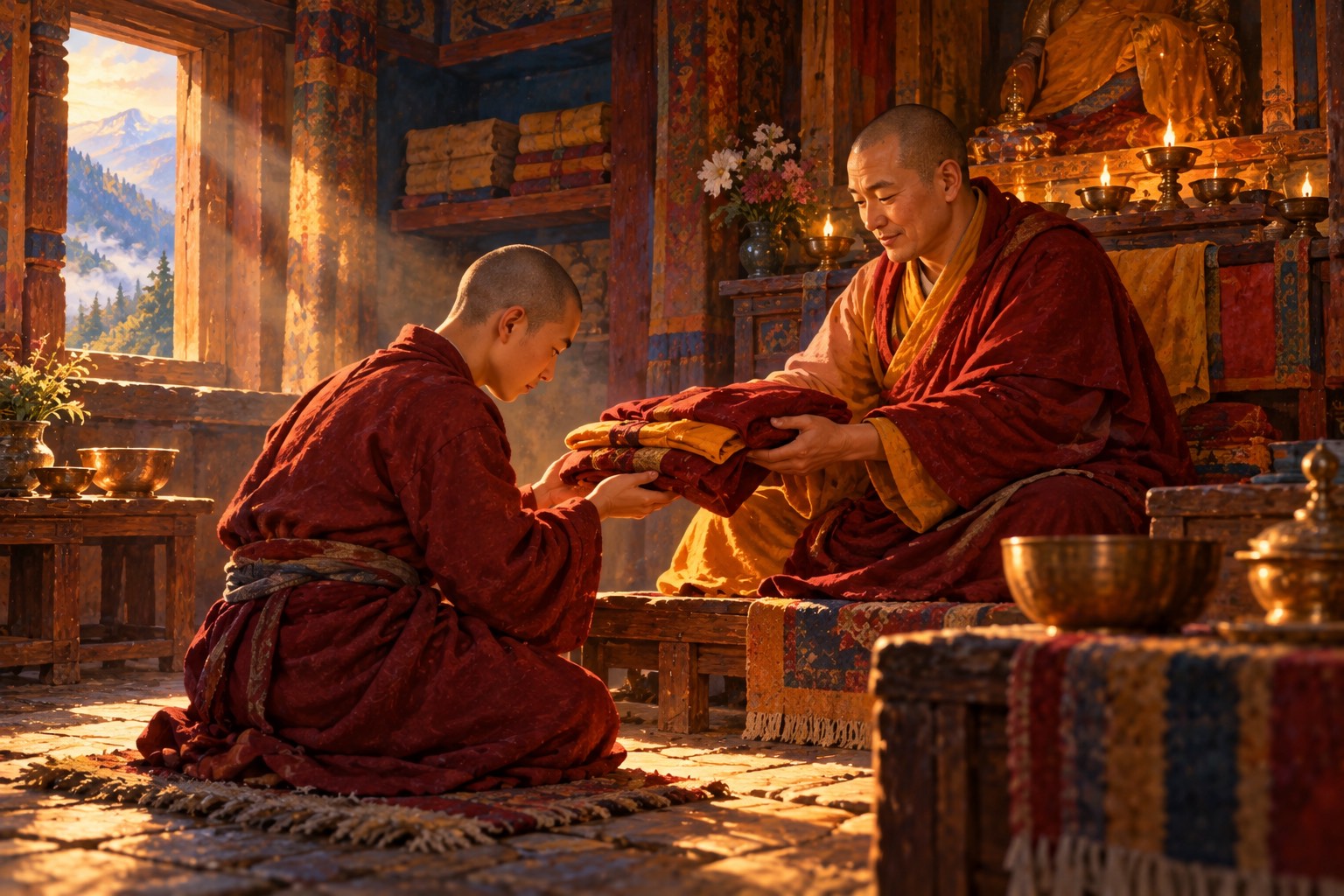 In a lamp-lit temple room, a kneeling young man with a shaved head receives folded maroon and saffron robes from a seated lama.