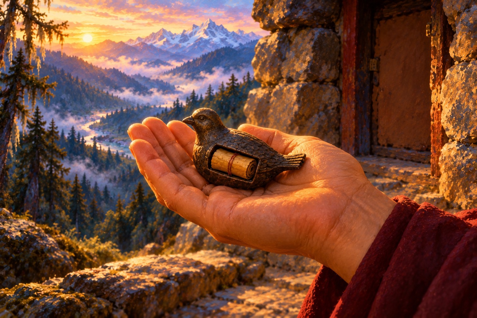 A palm holds a tiny metal bird the size of a sparrow chick, a small rolled scroll peeping from its side in dawn light.