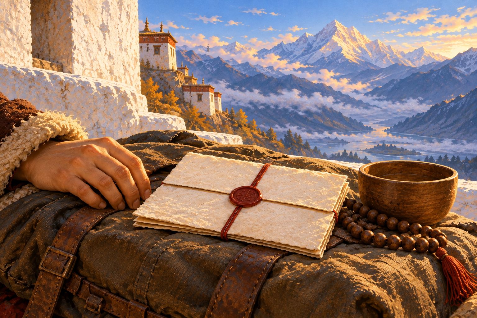 Close-up of a folded, blank paper letter tied with red cord and sealed, resting on a cloth bundle beside a wooden bowl and a mala, a young hand beside it in morning sun.