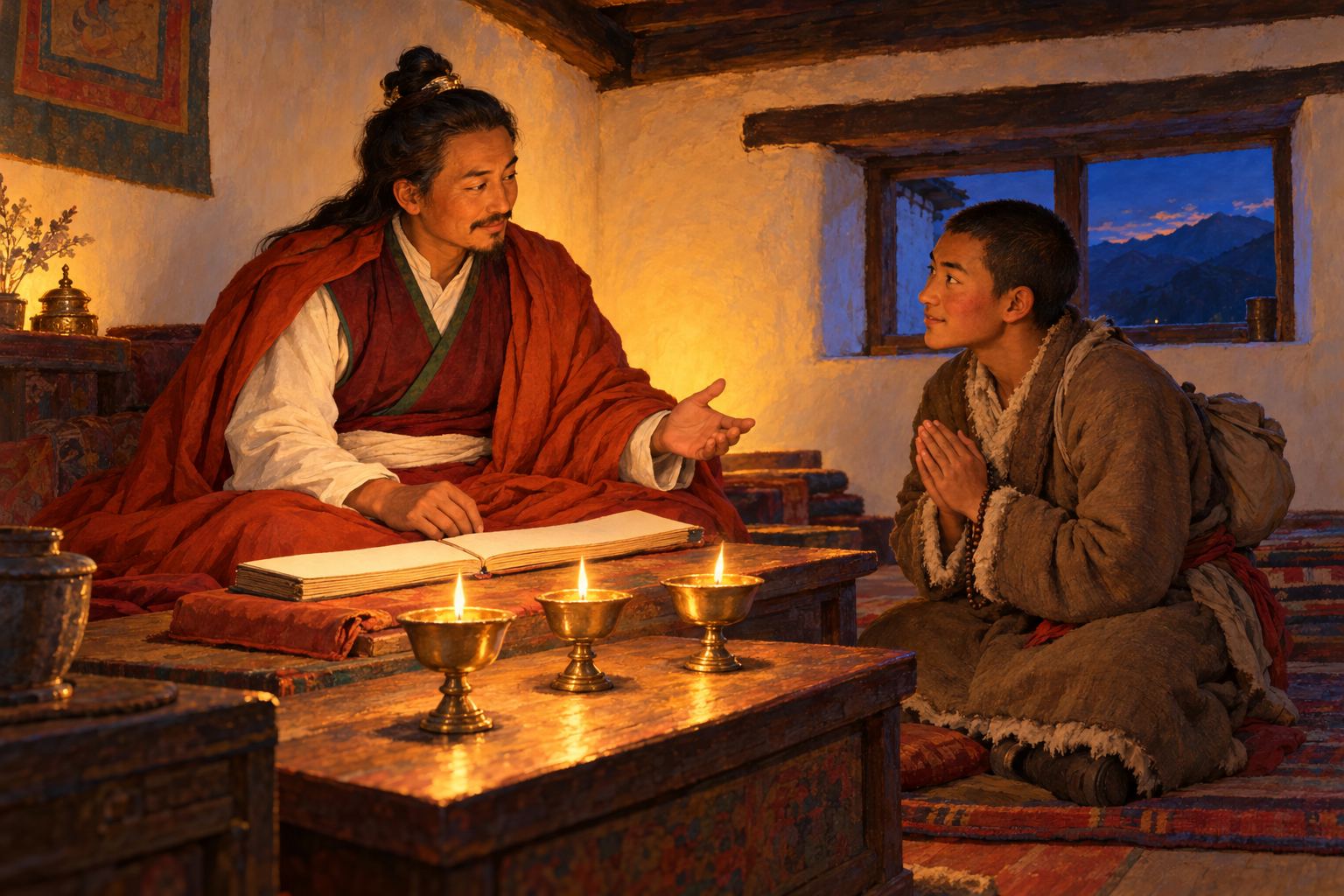 By the light of three butter lamps in a small whitewashed room, a seated master with a long book open before him teaches a young man who kneels across the low table with joined hands.