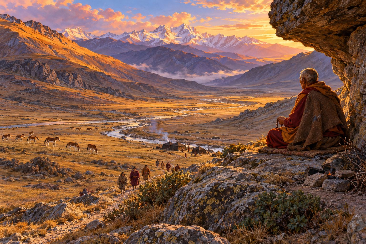A high view down a long grassy valley in golden light: in the foreground an old hermit sits under a rock overhang, and far below a few black tents stand by a stream, tiny figures climbing toward him, wild asses grazing beyond.