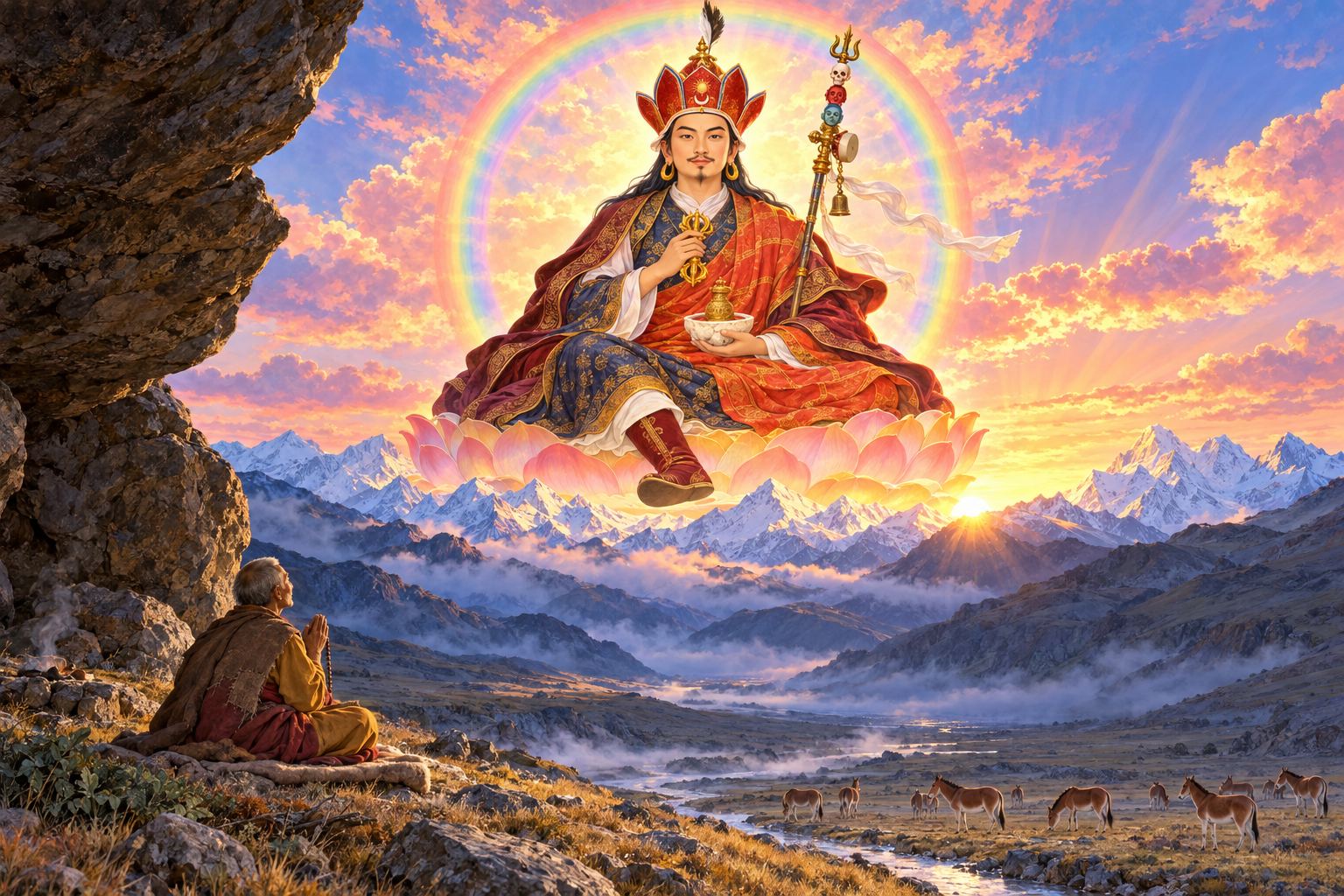 At dawn, Guru Rinpoche sits in a sphere of rainbow light in the sky above snow peaks, holding his vajra and skull cup, while far below an old hermit under a rock overhang looks up with joined palms.