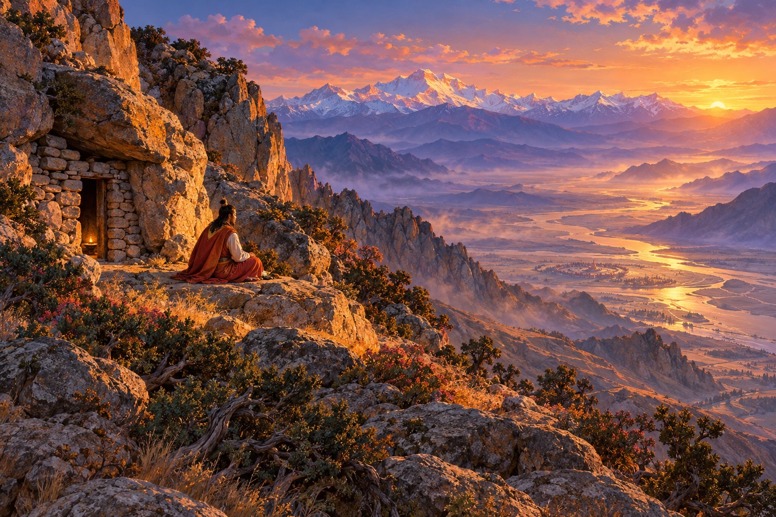 A dry granite mountainside at golden hour with small caves. A tiny figure in a red-orange cloak sits beside a stone-walled cave mouth, looking down a long misty valley to a faraway plain where a small circular monastery wall can just be seen.