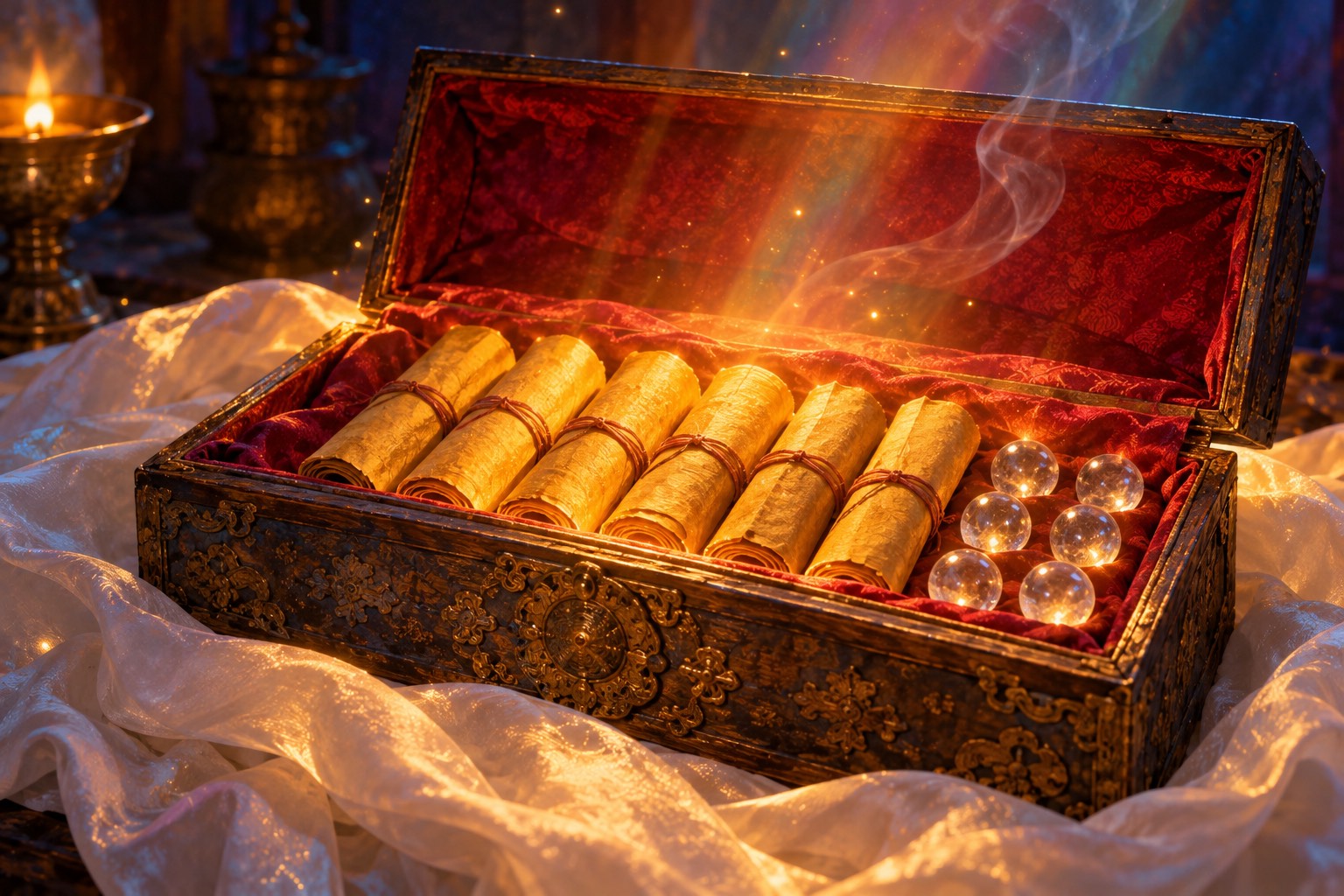 Close-up of a small open wooden casket glowing softly from inside, holding five tightly rolled yellow scrolls and seven clear crystal beads, on white silk against deep blue darkness.