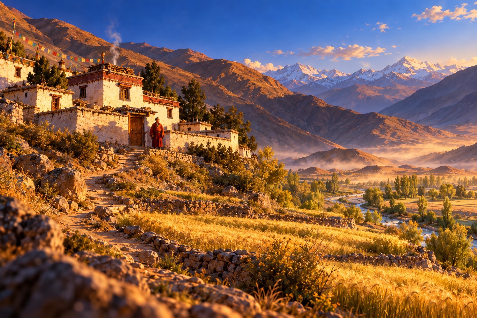 Looking up a sunny slope at a small whitewashed hermitage with flat roofs, junipers and faded prayer flags, golden barley terraces below. A small figure in a red-orange cloak stands at the courtyard gate.