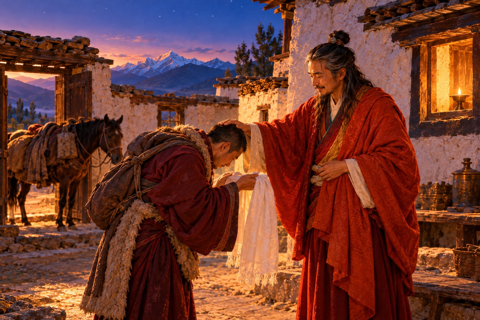 In a hermitage courtyard at dusk, a travel-worn monk in a sheepskin cloak bows and offers a white silk scarf to a smiling older yogi in a red-orange cloak, who rests a hand on his head in blessing. A pack horse waits by the gate.