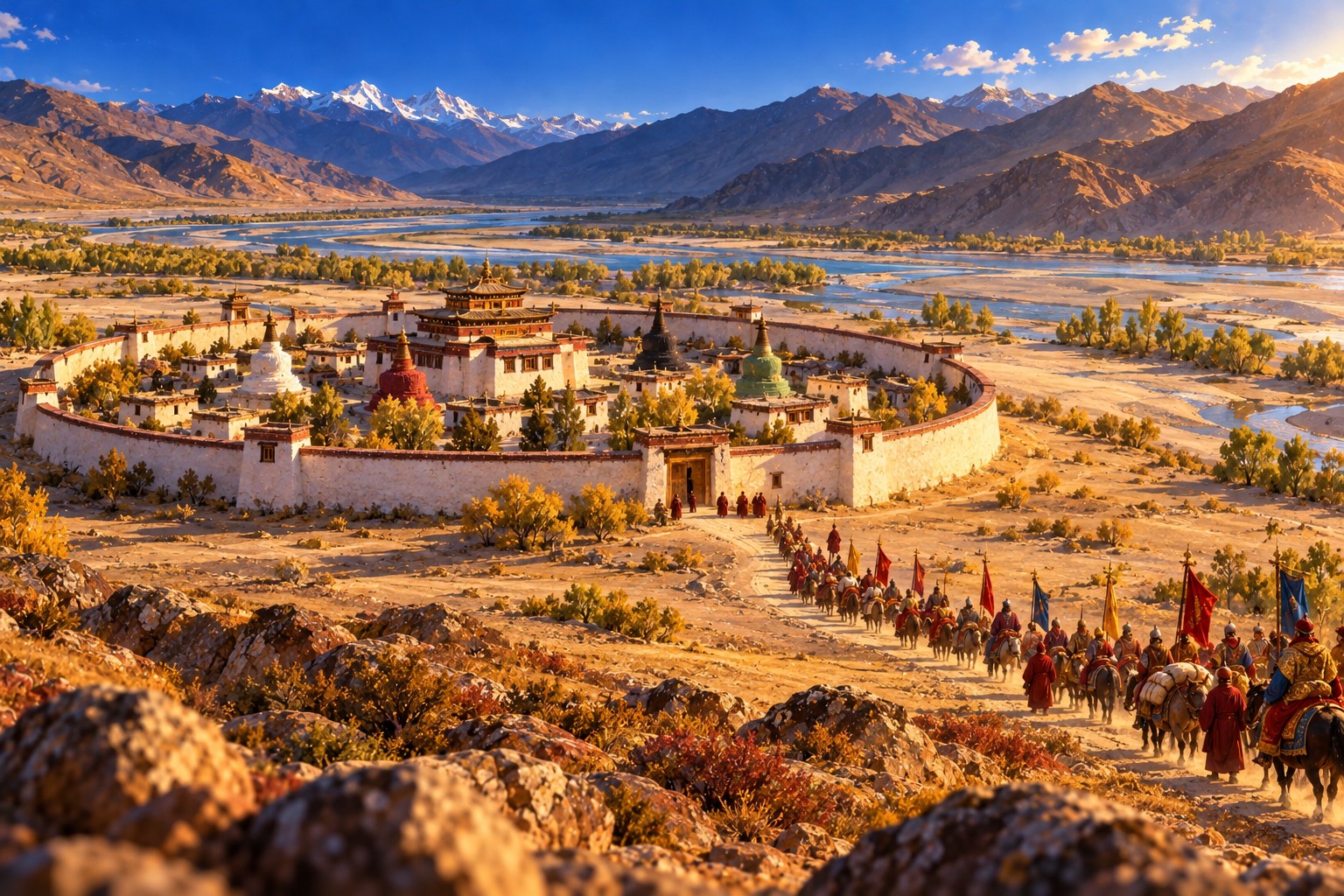 From high above, the circular white wall of Samye in a wide sandy valley. A long colourful caravan of riders and pack animals approaches the gate, where a tiny figure in a red-orange cloak waits with a few monks.