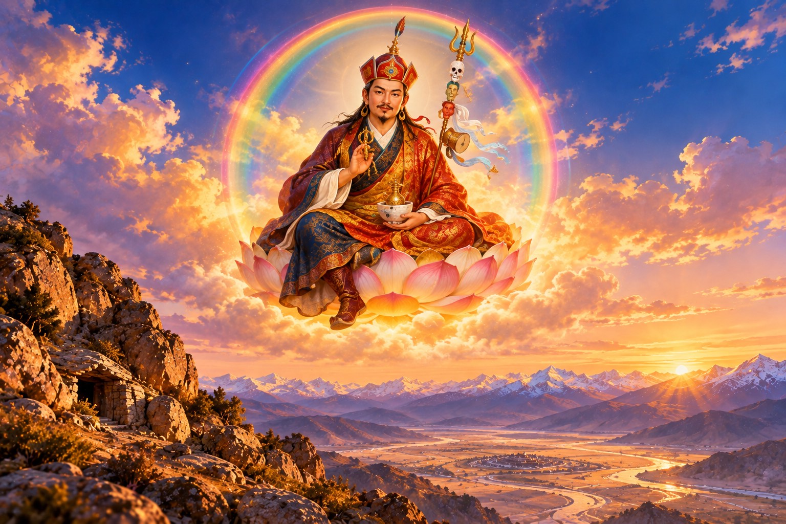 Guru Rinpoche, in his lotus hat and layered robes, holding a golden vajra at his heart and a skull cup in his lap with a slender staff at his shoulder, sits on a lotus within a sphere of rainbow light in a golden sky above a rocky mountainside.