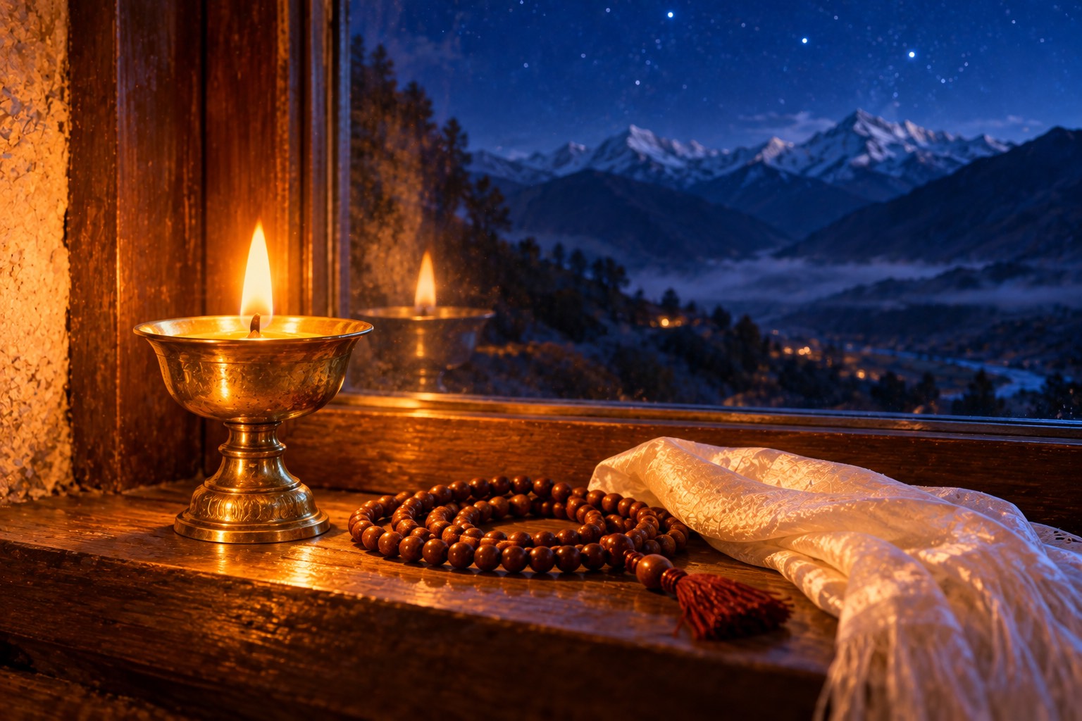 A small brass butter lamp burning on a wooden window ledge at night beside a coiled wooden mala and a folded white scarf, with stars and faint mountains outside the window.