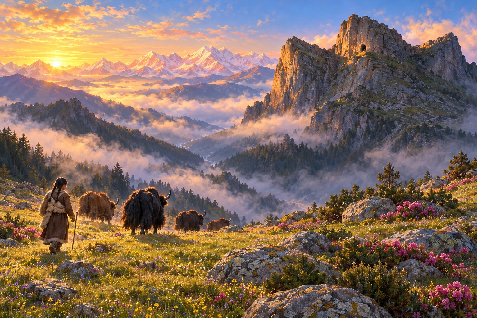A wide view of a high Tibetan pasture at sunrise, green turf with small flowers, mist in the valley and snow peaks beyond. A dark crag shaped like a bird's spread wings rises on the right with a small cave high on it. A small girl in a brown robe and sheepskin walks behind a few yaks in the foreground.