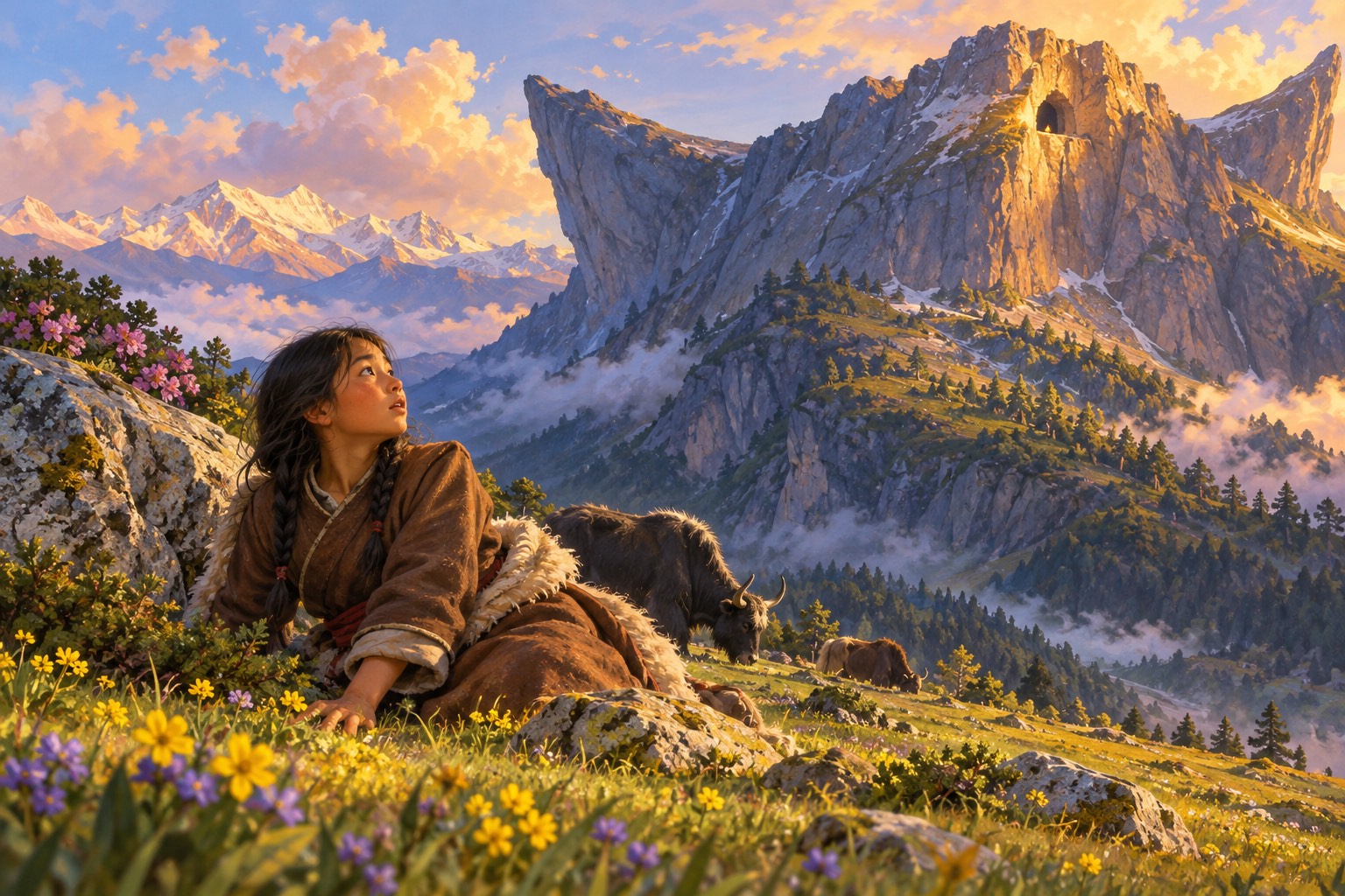 Seen from low in the grass, a girl in a brown robe and sheepskin half rises from beside a boulder and looks up toward a towering dark crag, where a faint warm glow hangs at a small cave mouth.