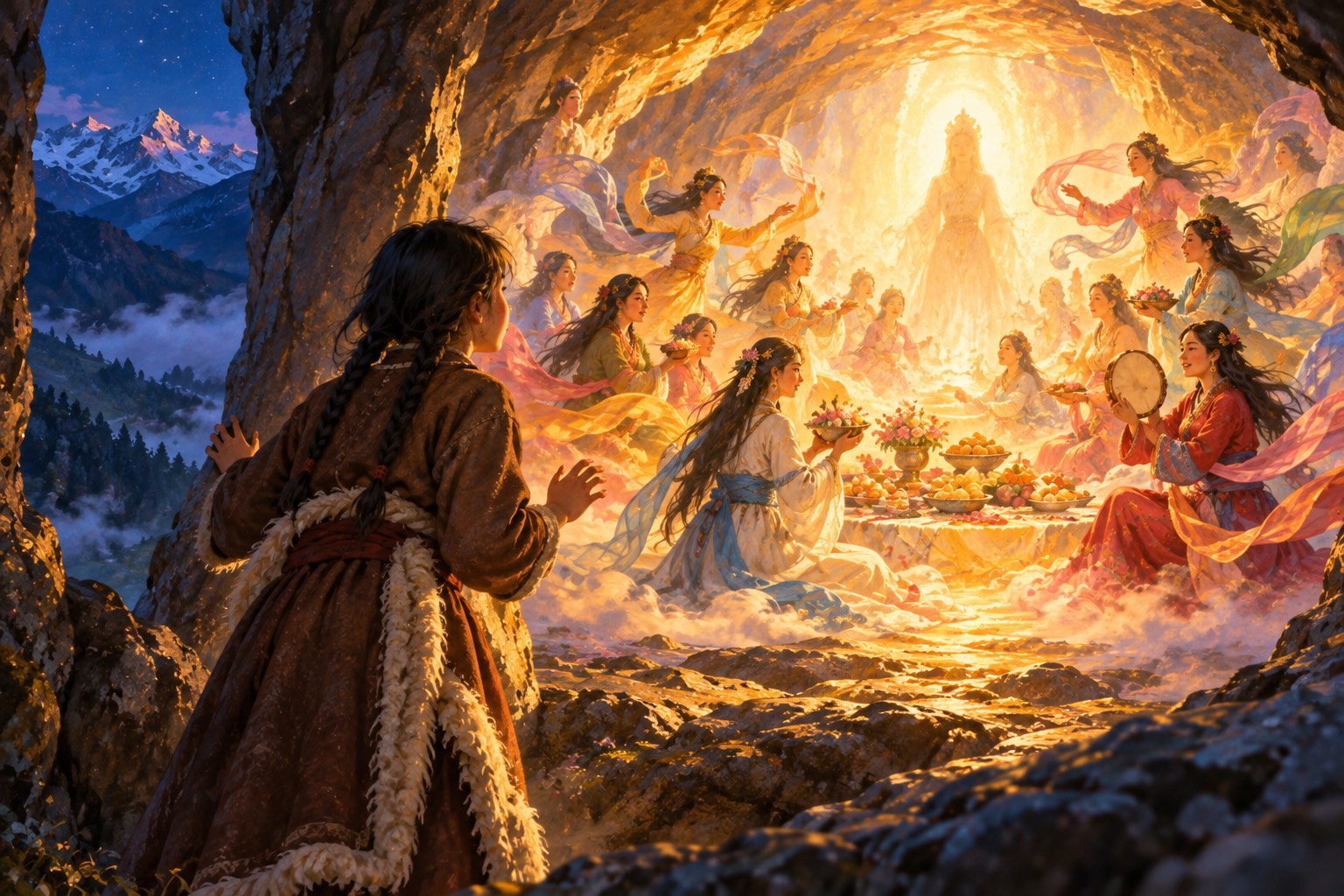 A girl in a brown robe stands at an open doorway in dark rock at night. Beyond her, a glowing golden space holds a circle of graceful women in colored silks around a simple feast, with a radiant figure of white light at the centre.