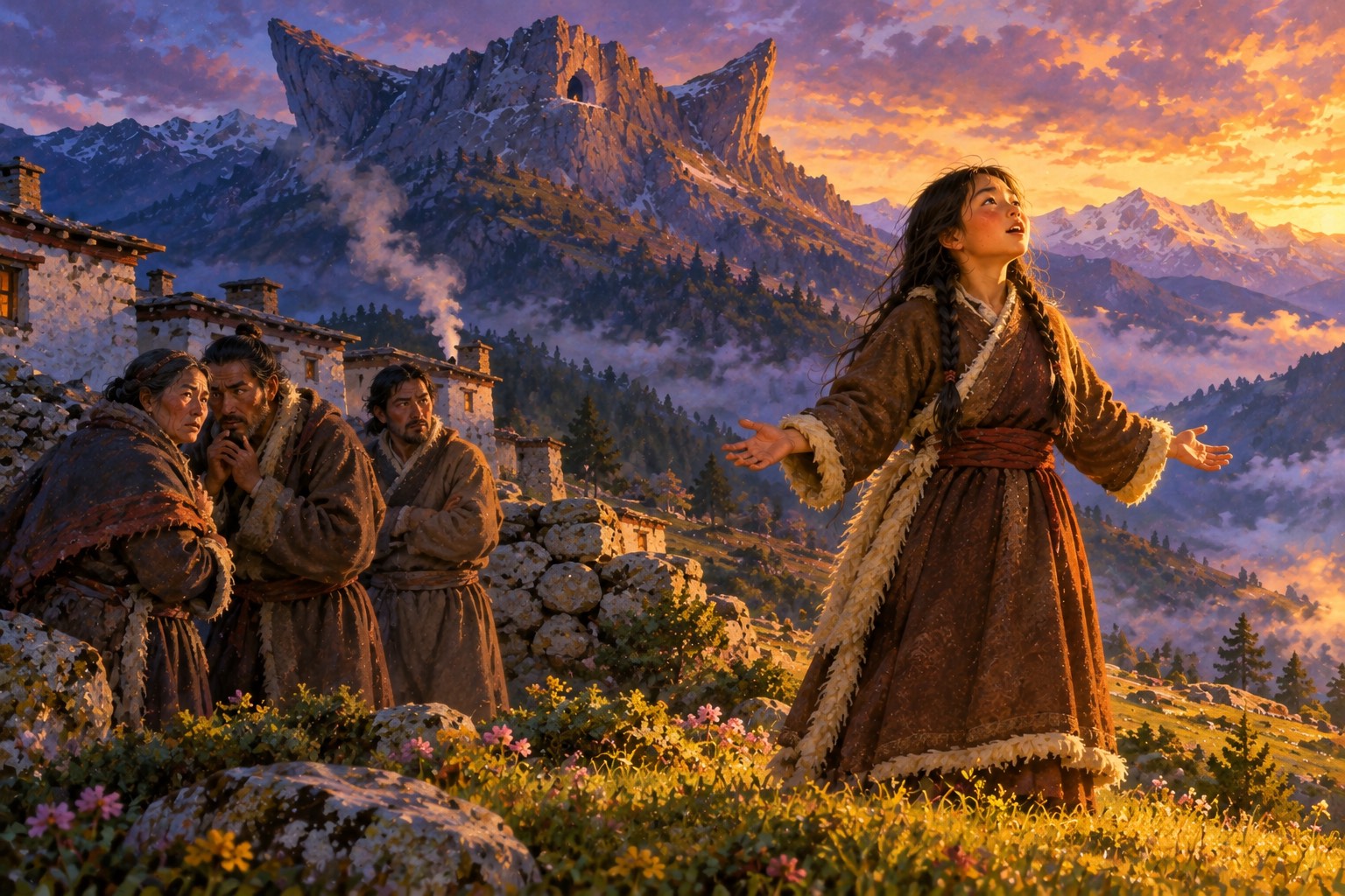 At dusk a girl in a brown robe stands on a grassy rise singing, lit by the last sunlight, while three villagers in wool robes stand in shadow by a stone wall watching her doubtfully, one whispering.