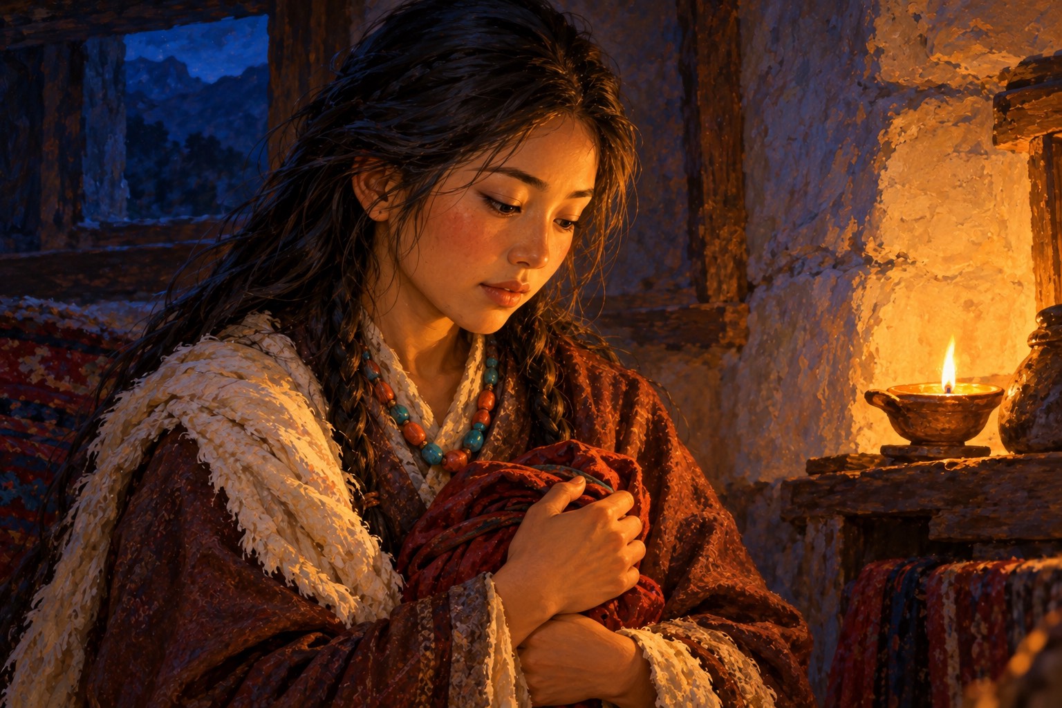 A close portrait by lamplight of a young woman with long black hair, a white shawl and a coral and turquoise necklace, holding a small red cloth bundle to her chest, her eyes lowered in thought.