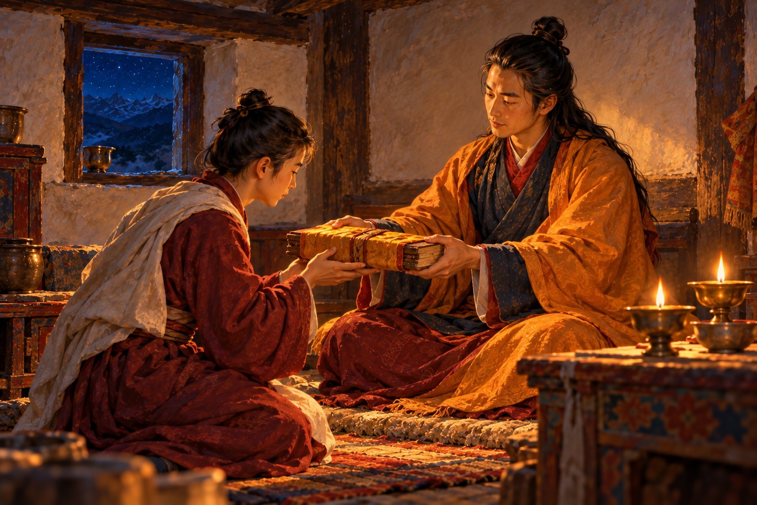 By the light of two butter lamps, a long-haired layman in a saffron shawl hands a cloth-wrapped book to a kneeling youth who receives it with both hands.