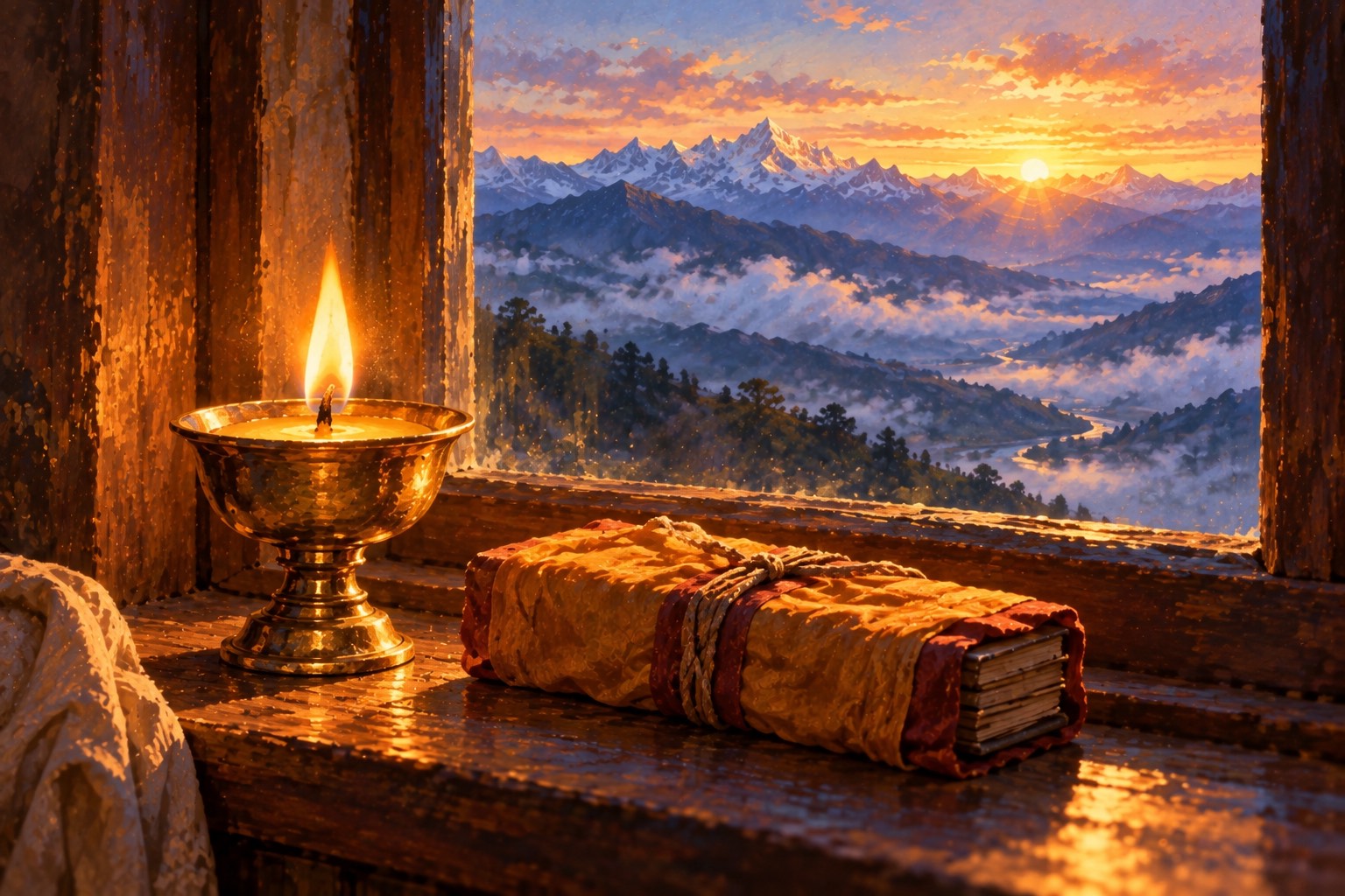 A brass butter lamp burns on a windowsill at dawn beside a closed book wrapped in saffron cloth, with mountain ridges and mist glowing beyond the glass.