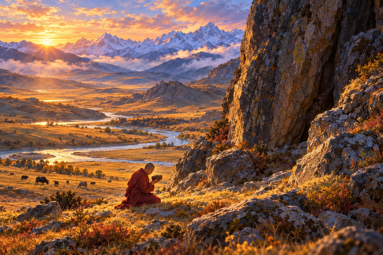 A great dark rock rises from tawny autumn grasslands beside a winding river in late golden light. At its foot, very small, a young monk kneels alone holding a small casket.