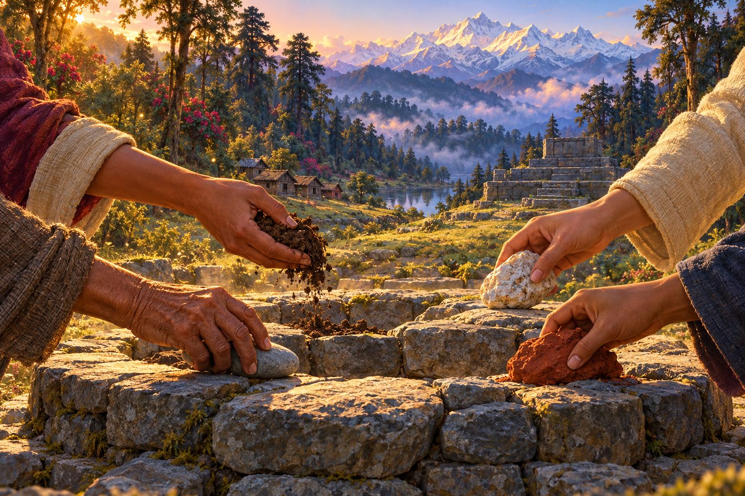 Close-up of several hands placing a handful of earth, river pebbles and stones onto a low circular base of fitted grey stones, with green forest and a snowy peak blurred behind.
