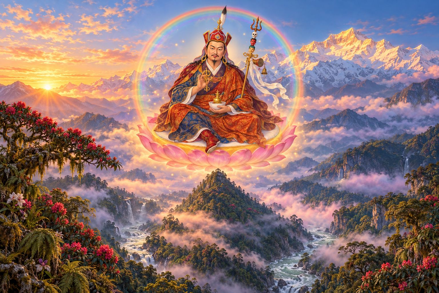 Guru Rinpoche in his lotus hat sits on a lotus inside a rainbow sphere, floating above misty forested hills and glowing snow peaks at dawn.