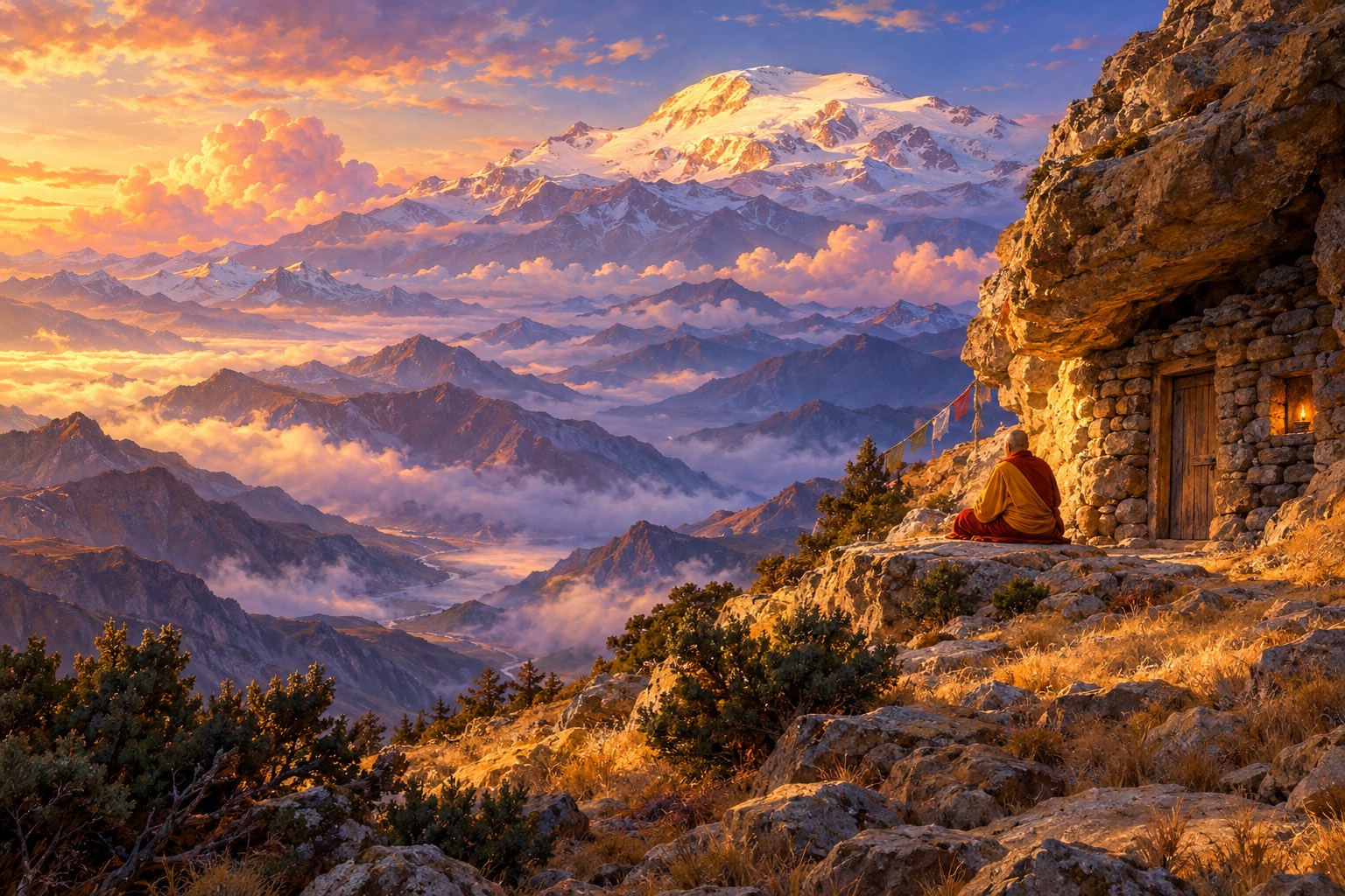 A high, snow-topped mountain at golden hour. On its dry flank a small cave is closed by a stone wall with a lamp-lit window, and a tiny monk in red and gold robes sits beside it, gazing over misty valleys toward distant snow peaks.