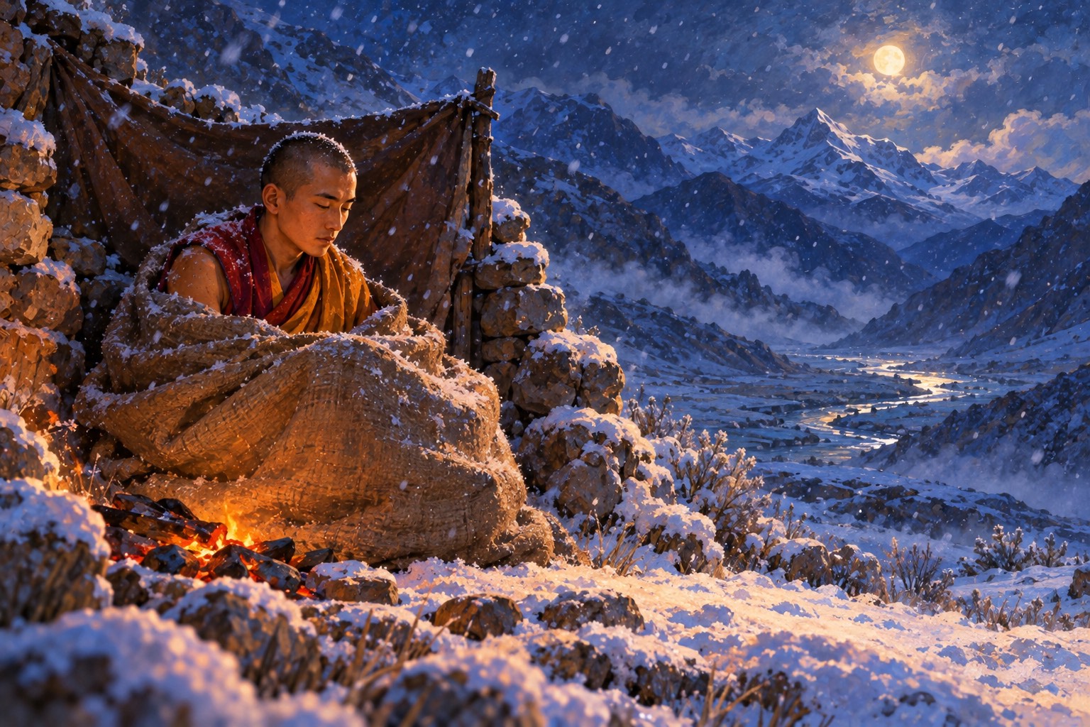 At night in falling snow, a young monk sits upright in meditation inside a large rough sack pulled up to his chest, sheltered by a low stone windbreak, a faint ember glowing beside him under a hazy moon.