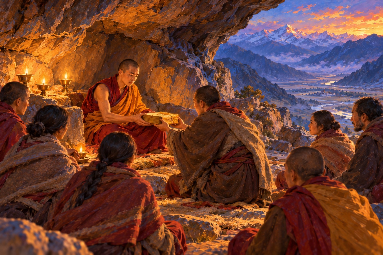 Inside a small lamplit rock cave, a monk sits facing a circle of eight men and women in wool shawls. One kneeling student holds out a bundle of long texts wrapped in yellow cloth, and the monk reaches to receive it.