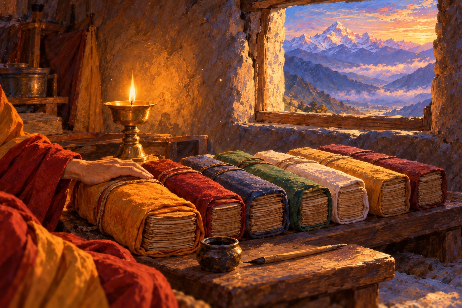 Close-up of seven cloth-wrapped bundles of long books in different colours on a low wooden board, with a monk's hand in a red sleeve resting on one beside a bamboo pen, ink pot and butter lamp, and a snowy peak in dawn light through a small window.