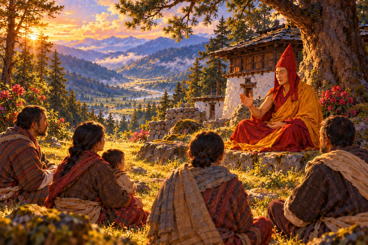 Under a large pine at golden hour, a monk in a tall pointed red hat and red and gold robes sits on a stone and teaches, one hand raised, while village men and women in plain woven clothes sit on the grass listening.