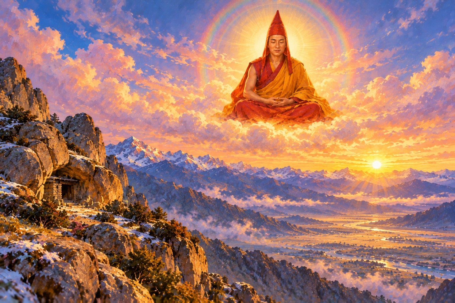 A monk in a tall pointed red hat and red and gold robes sits in meditation on luminous clouds in a vast dawn sky, softly haloed, above granite crags and a misty valley where a tiny circular monastery can be seen.