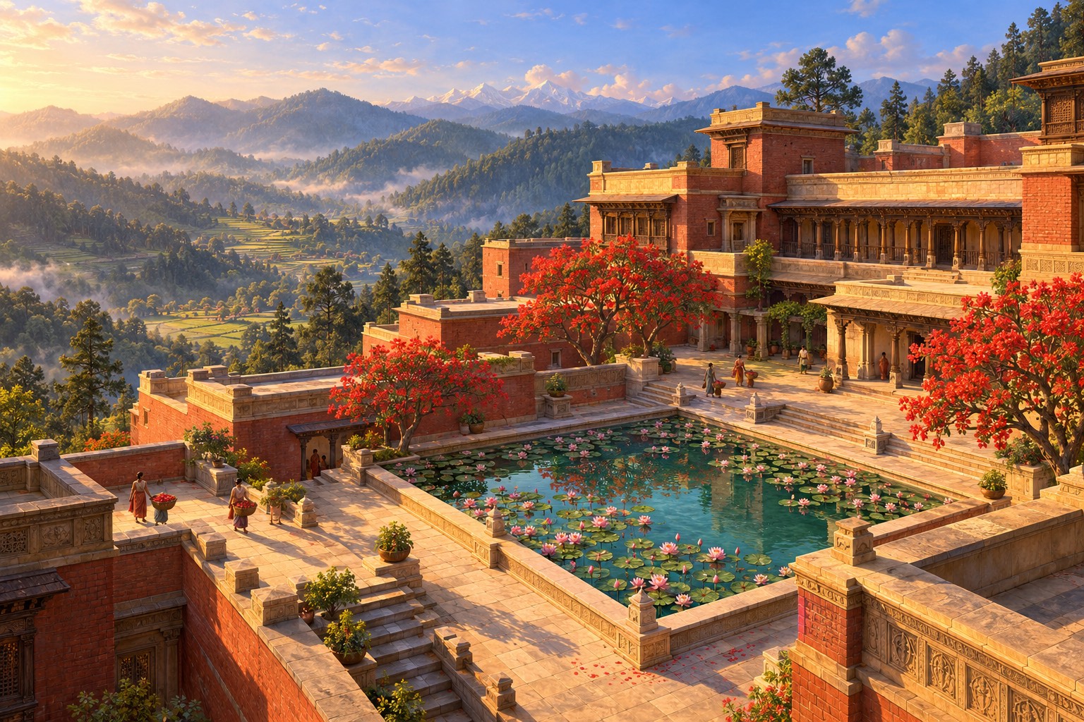 A wide view of an old Indian palace of red brick and carved stone with balconies and a lotus pool, framed by trees with bright red flowers and green hills.